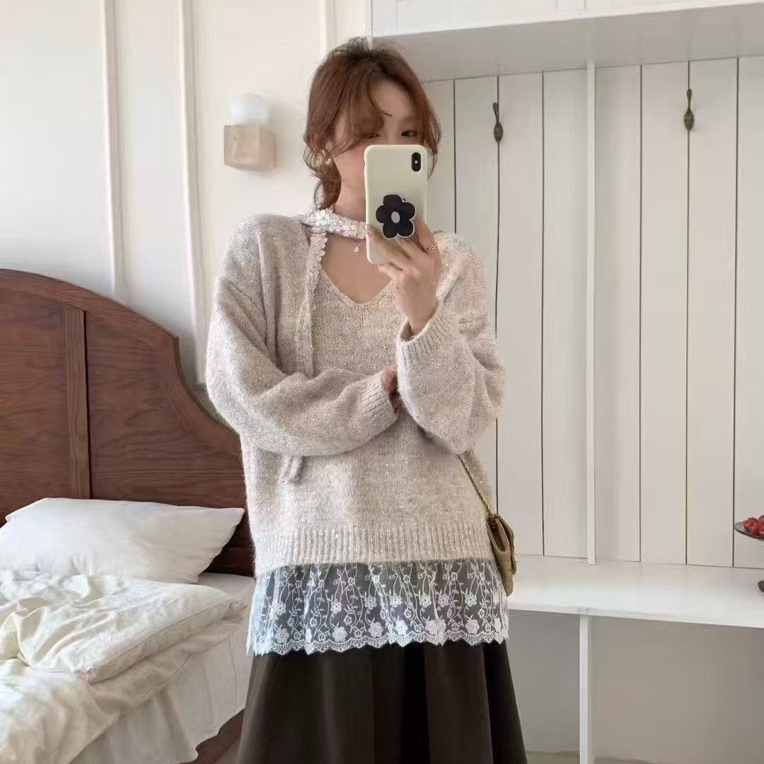 Damen gemütlicher Strickpullover mit elegantem Spitzenunterteil Drune