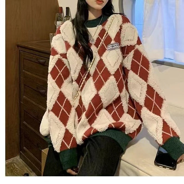 Damen Flauschiger Pullover mit modernem Rhombenmuster und lässigem Schnitt Drune
