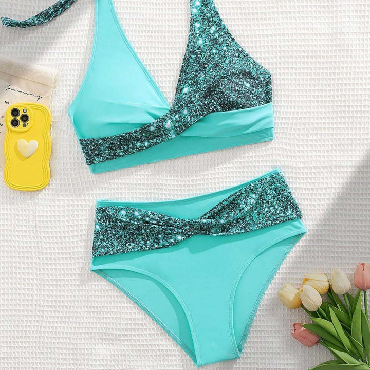 Damen Glänzender Bikinisatz mit Hochgeschnittenem Höschen Drune