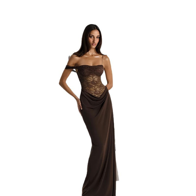 Damen Abendkleid mit schulterfreiem Spitzenoberteil und fließendem Rock Drune