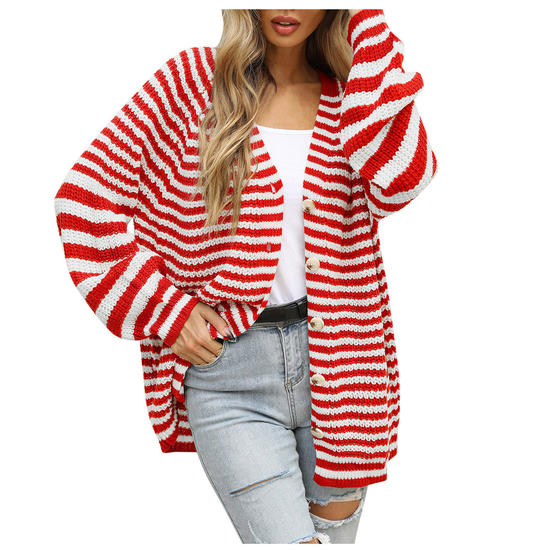 Damen lässige Strickjacke mit breitem Streifenmuster und Knopfdetail Drune