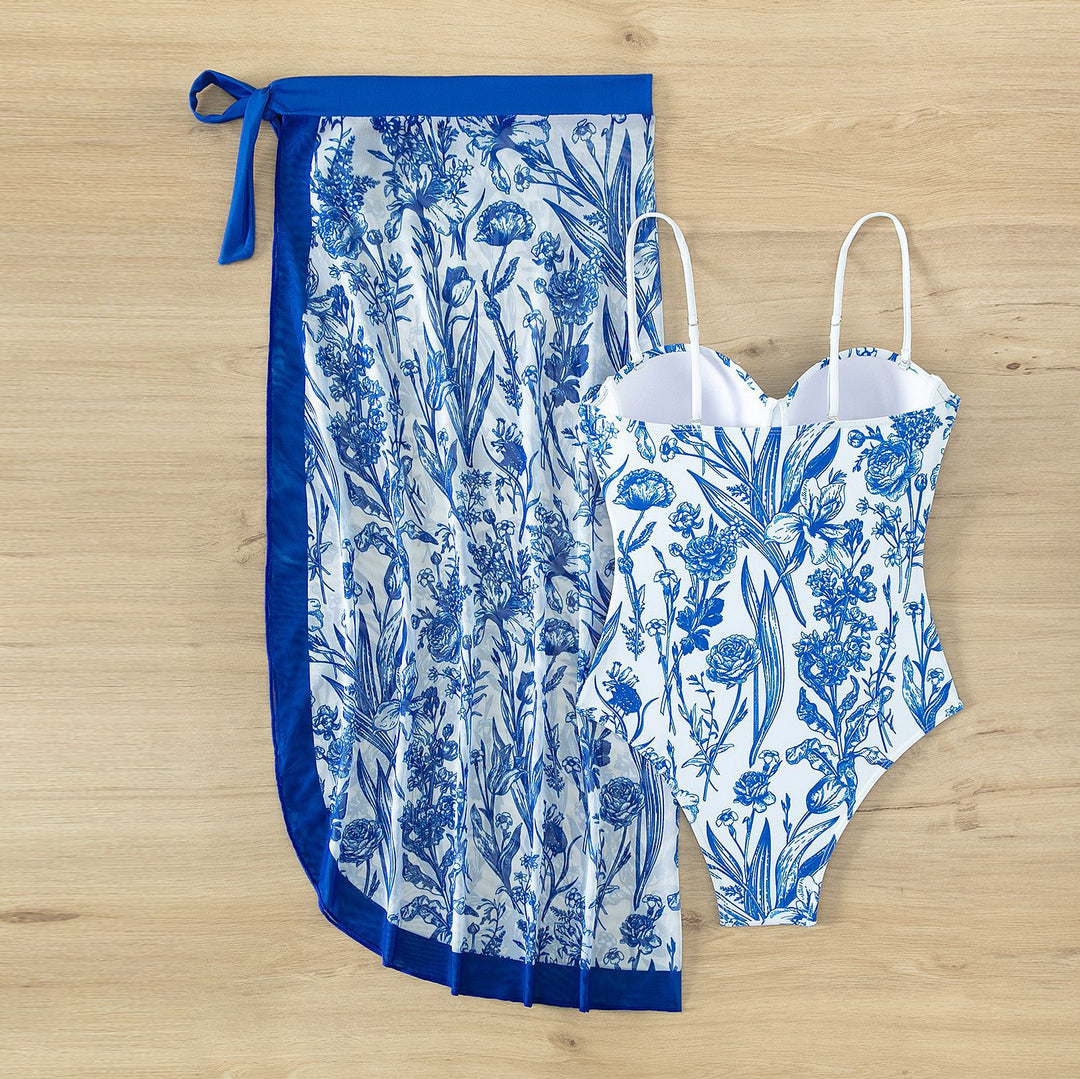 Damen Bademode mit floralem Muster und transparenter Sarong-Hülle Drune