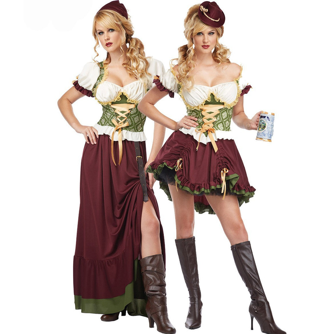 Damen nan geschnürtes Mittelalterkleid mit Corsagenmieder, Puffärmeln und hohem Rockschlitz Drune