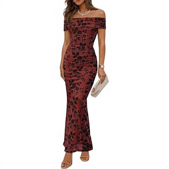 Damen elegantes Off-Shoulder Maxikleid mit floralem Muster und elastischem Einsatz Drune