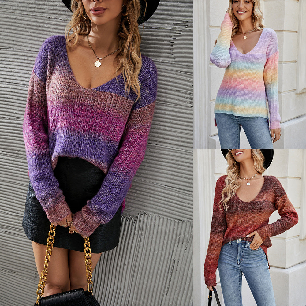 Damen gemütlicher V-Pullover mit modischem Farbverlauf Drune