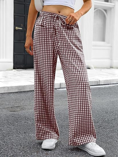 Damen Weit geschnittene Karohose mit elastischem Bund und praktischen Taschen Drune