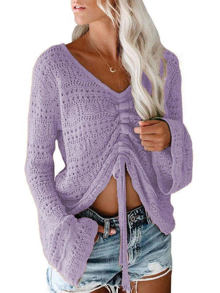 Damen angesagter V-Ausschnitt Pullover mit Raffung Drune