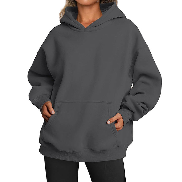Damen nan Oversize-Kapuzenpullover mit verlängertem Rückenteil, innen angerautem Fleece und Kängurutasche Drune