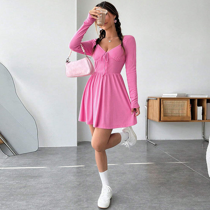 Damen lässiges Mini-Kleid mit verspieltem Bindedetail und langen Ärmeln Drune