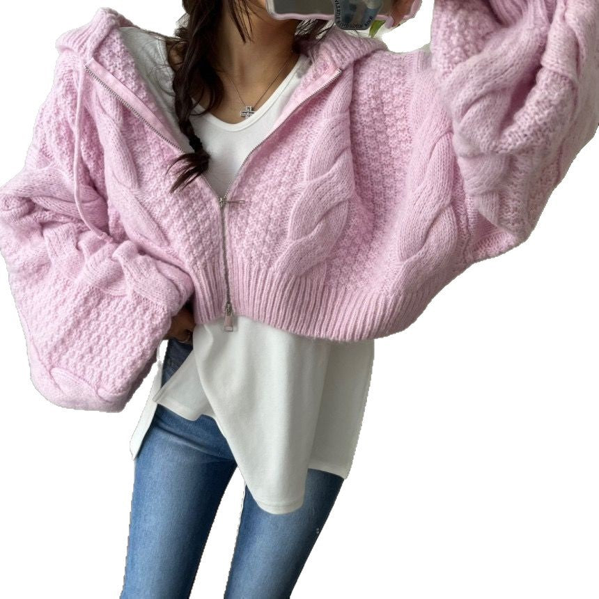 Damen Kurzer Strickpullover mit Zopfmuster und Kapuze Drune
