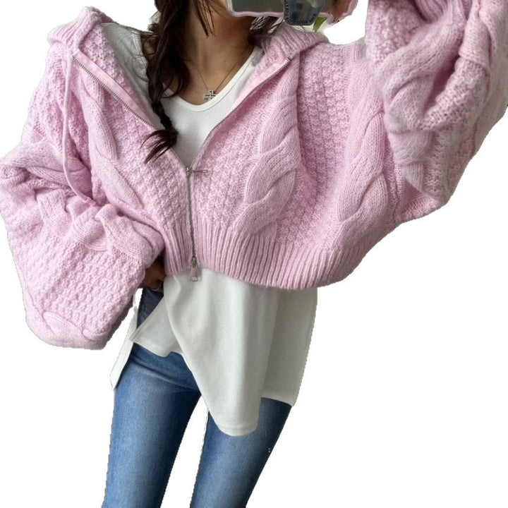 Damen Kurzer Strickpullover mit Zopfmuster und Kapuze Drune