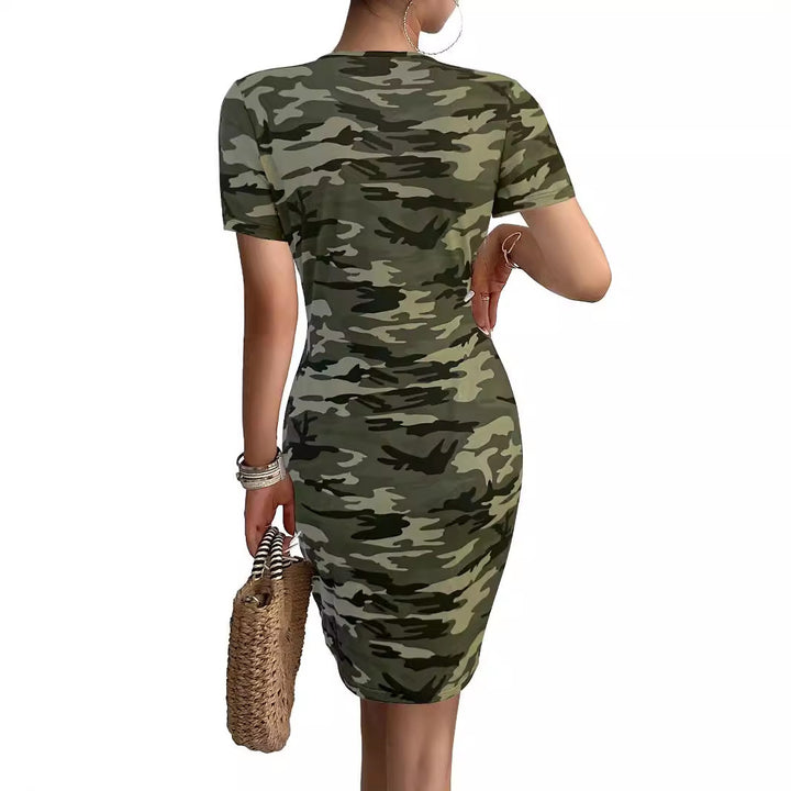 Damen figurbetontes camouflagemuster Kleid mit Kurzarm und V-Ausschnitt Drune
