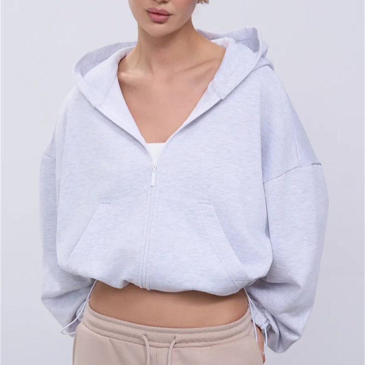 Damen Cropped Kapuzenjacke mit Reißverschluss und übergroßen Ärmeln Drune