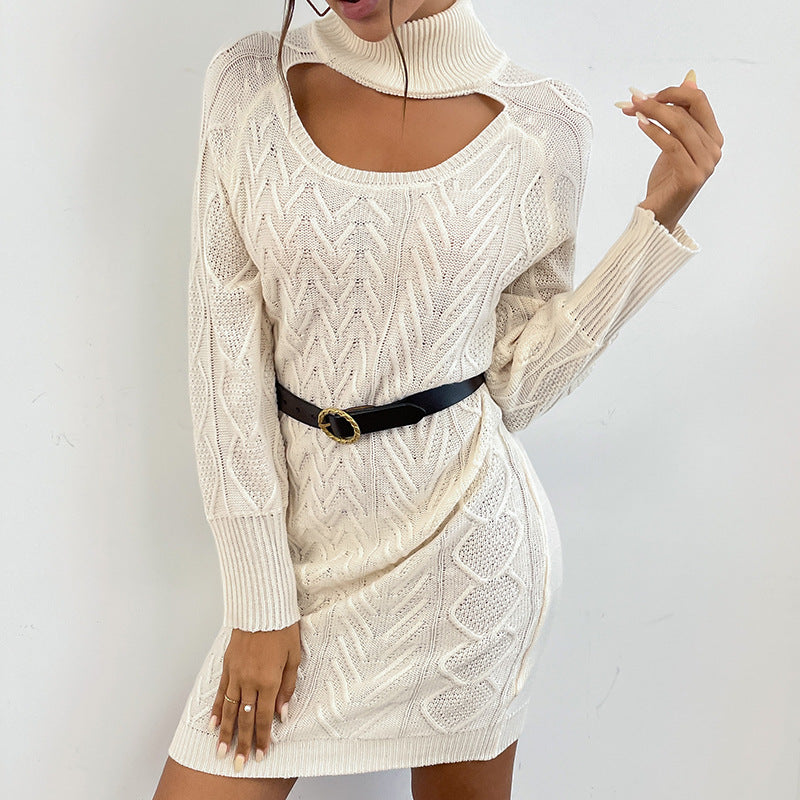 Damen Strickkleid mit hochgestellt Kragen und modernem Cut-Out Drune