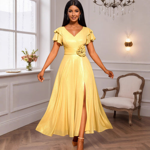 Damen glamouröses Abendkleid mit elegantem V-Ausschnitt und voluminösen Rüschensäumen Drune