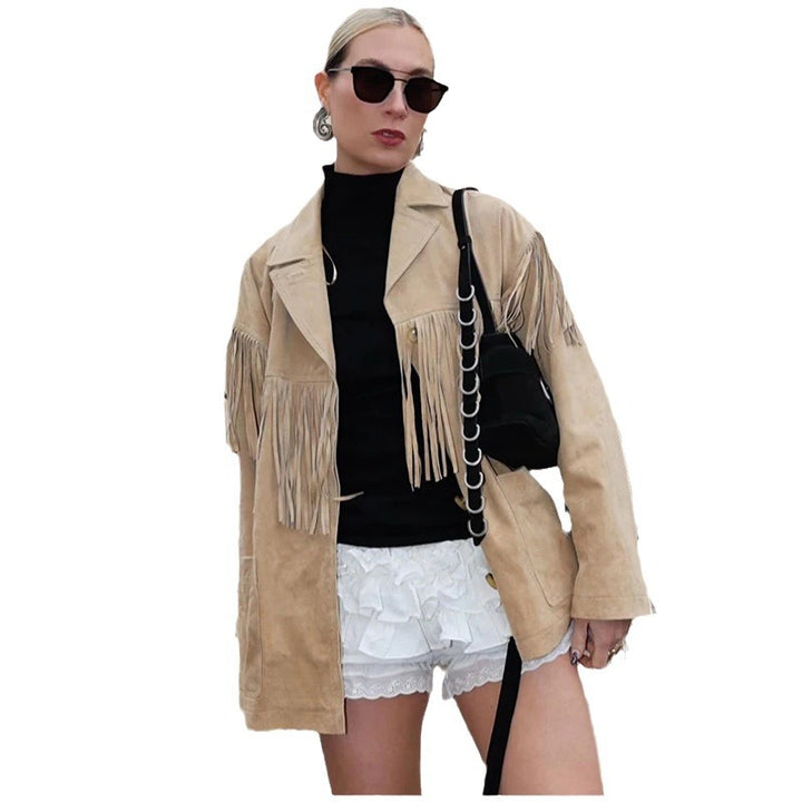 Damen Modische Wildlederjacke mit Fransen Drune