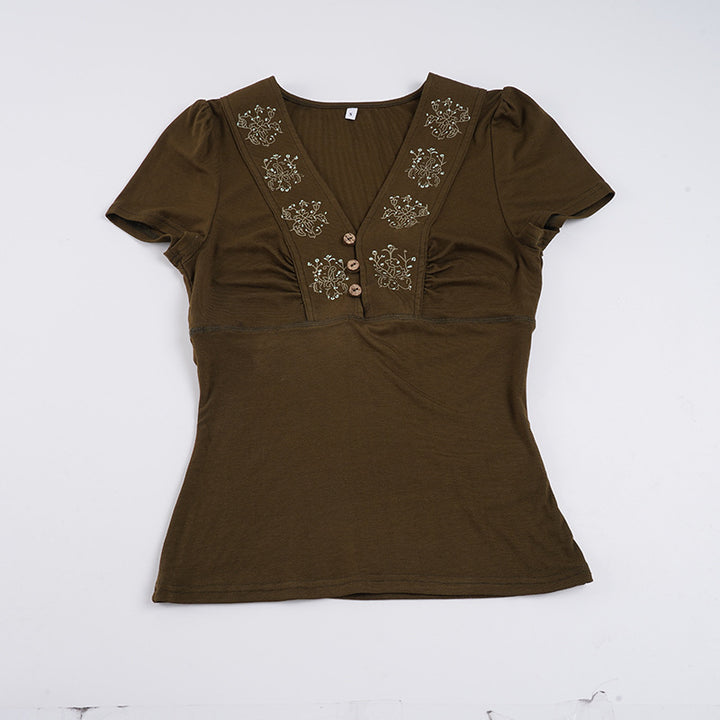 Damen T-Shirt mit floralem Stickdesign und Knopfdetails Drune