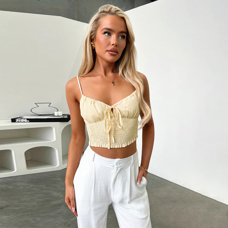 Damen Crop-Top mit Rüschendetails und verstellbaren Spaghettiträgern Drune