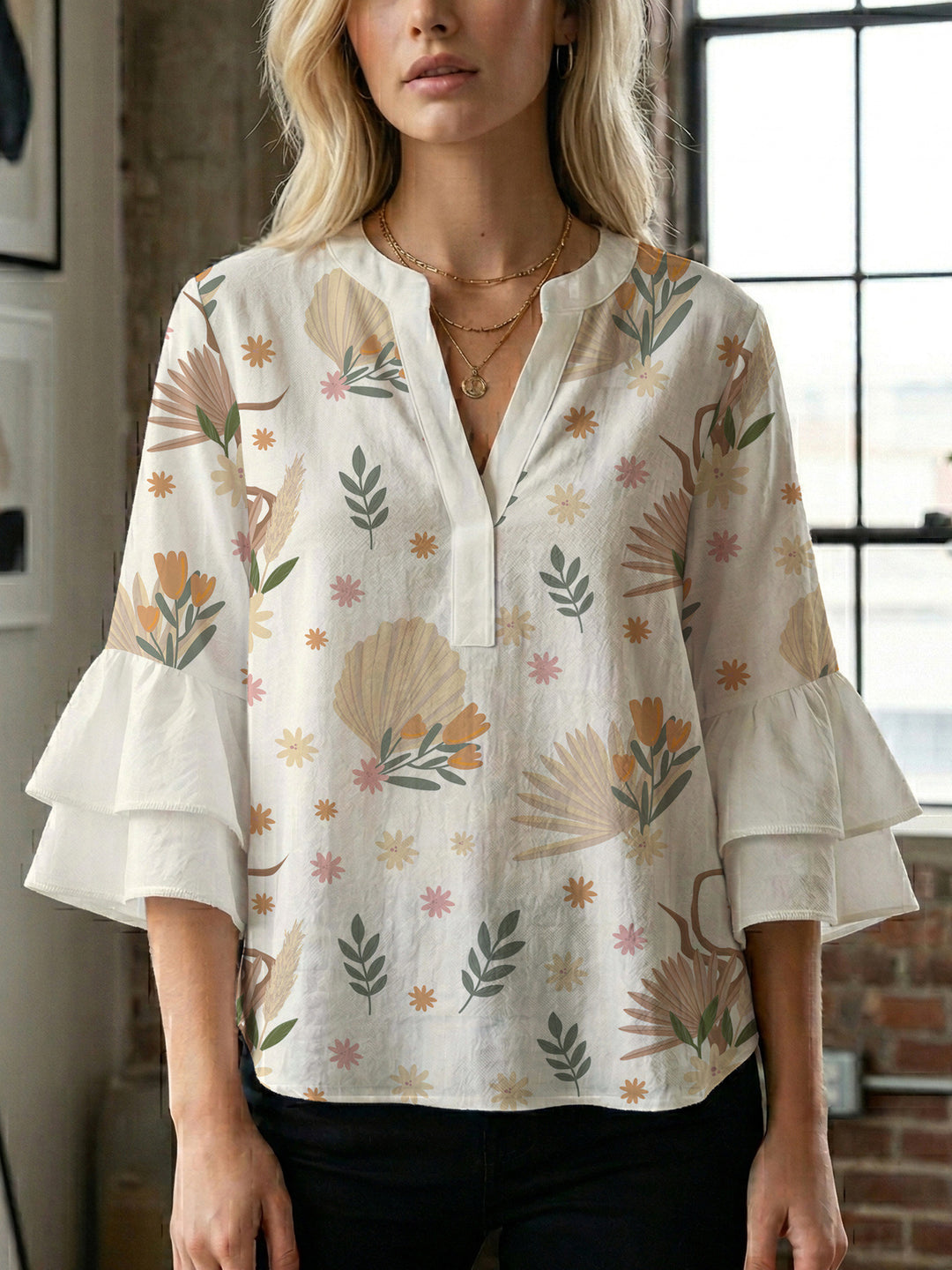 Damen Bluse mit Rüschendetails und auffälligem Animal-Print Drune
