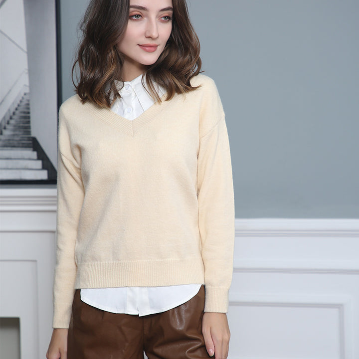Damen eleganter V-Ausschnitt Pullover aus weichem Material mit überschnittenen Schultern Drune