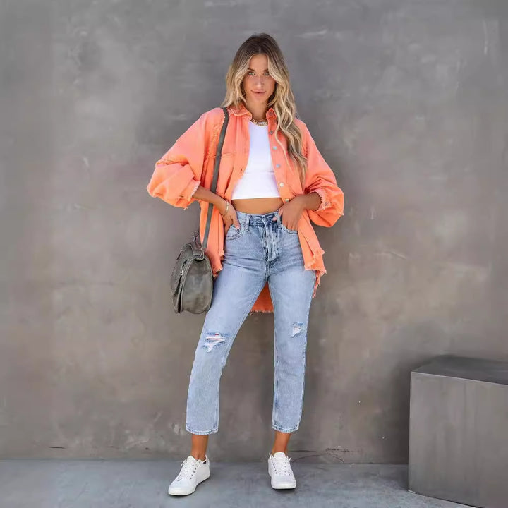 Damen übergroße Denim-Hemdenjacke mit fransigen Details Drune