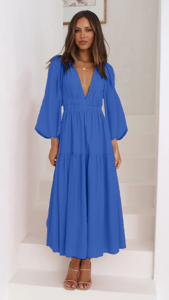 Damen Langarm Maxikleid mit tiefem V-Ausschnitt und weitem Rock Drune