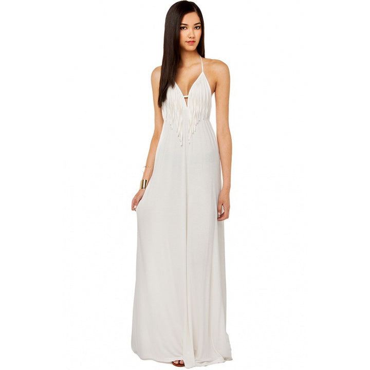 Damen Maxi-Kleid mit fransenverziertem V-Ausschnitt Drune