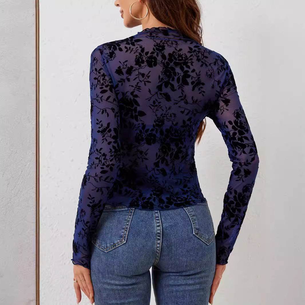 Damen nan transparentes Netzoberteil mit samtigem Floraldruck und Stehkragen Drune
