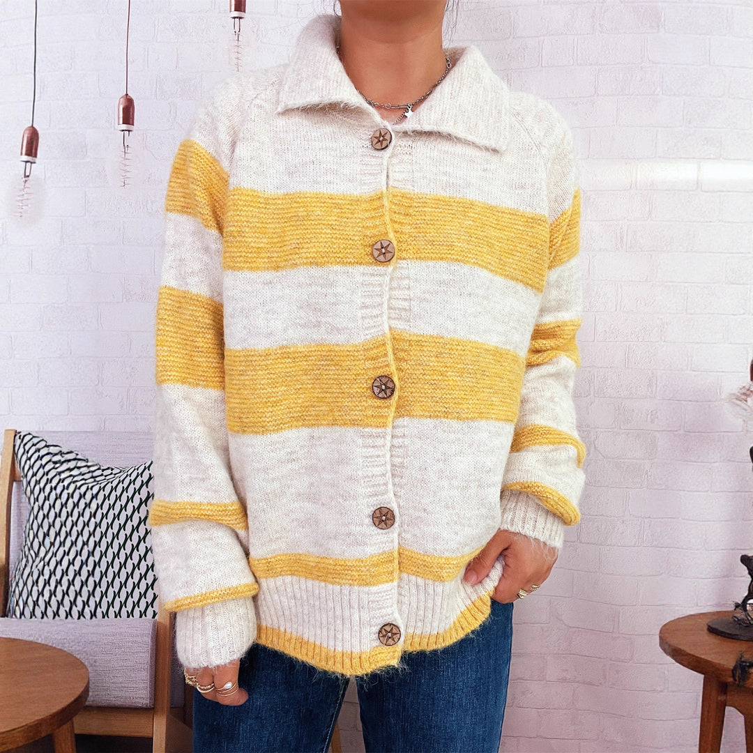 Damen gemütliche Strickjacke mit dekorativen Holzknochen und breiten Streifen Drune