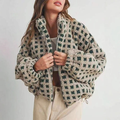 Damen kuschelige Fleecejacke im modernen Karodesign Drune
