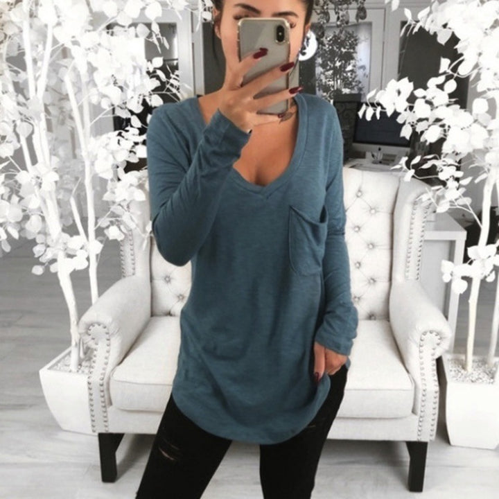 Damen Lässiges Langarmshirt mit tiefem V-Ausschnitt und Brusttasche Drune