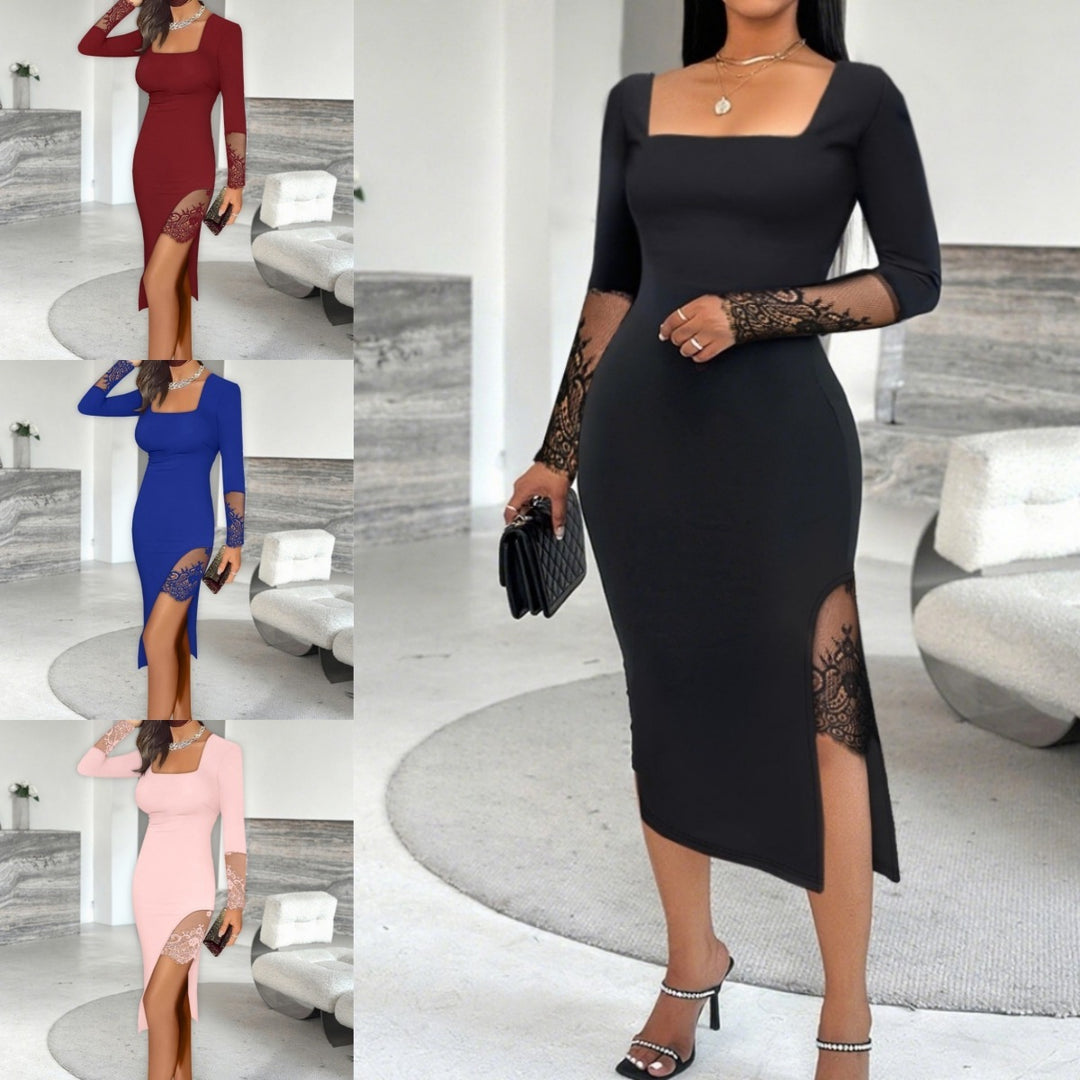 Damen Elegantes Kleid mit Spitzenärmeln und hohem Schlitz Drune