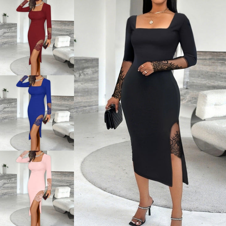 Damen Elegantes Kleid mit Spitzenärmeln und hohem Schlitz Drune