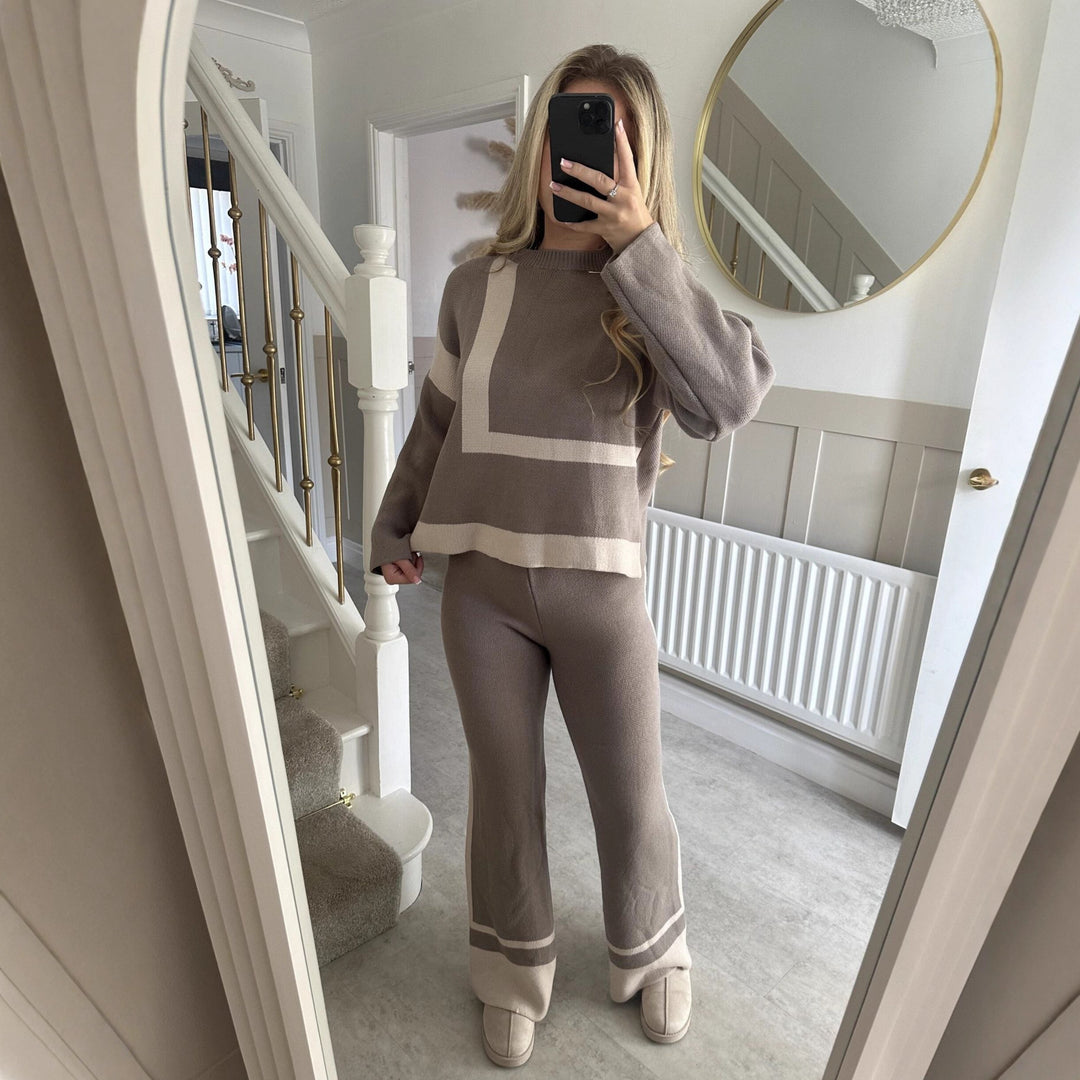Damen lässiges Strick-Loungewear-Set mit geometrischem Muster Drune