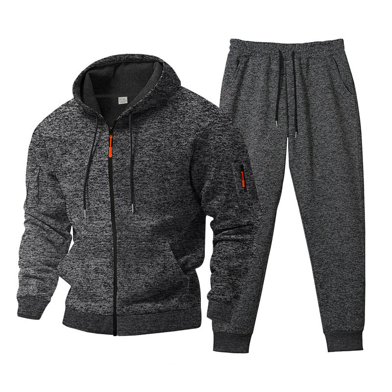 Herren nan meliertes Kapuzen-Sweatset mit durchgehendem Reißverschluss, Reißverschluss-Armtasche und Kordelzug-Jogginghose Drune