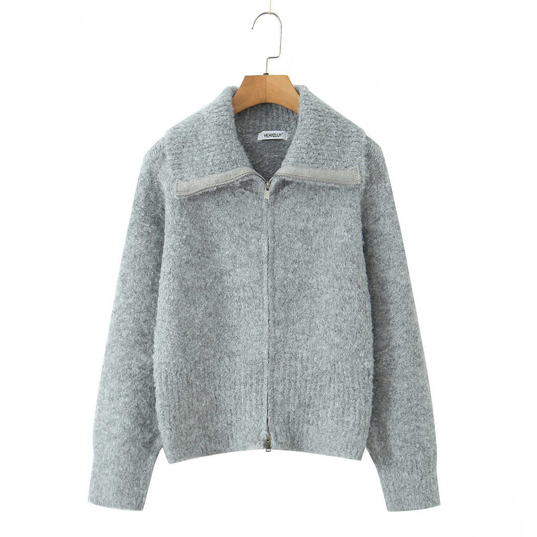 Damen elegante Kurzjacke mit weichem Stehkragen und Reißverschluss Drune