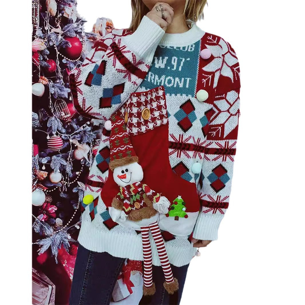 Damen festlicher Pullover mit winterlichem Schneemann-Motiv und dekorativen Details Drune