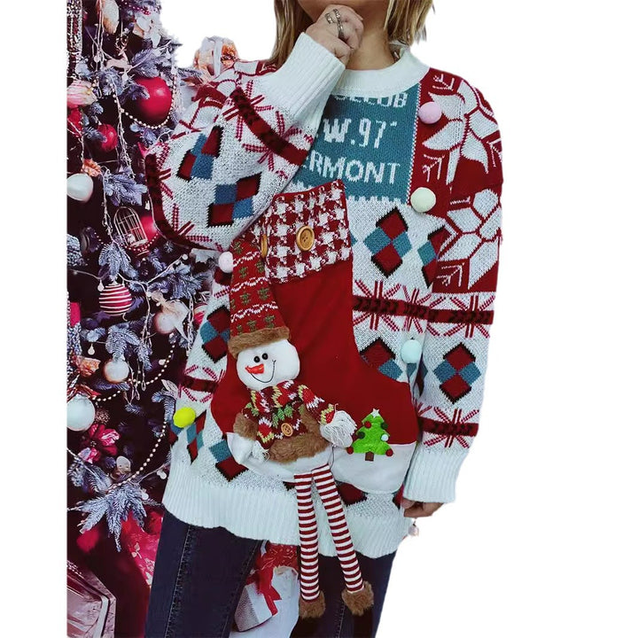 Damen festlicher Pullover mit winterlichem Schneemann-Motiv und dekorativen Details Drune