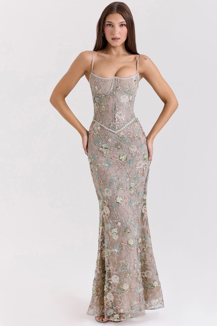 Damen nan besticktes Corsagenabendkleid mit transparenter Spitze und figurbetonter Silhouette Drune