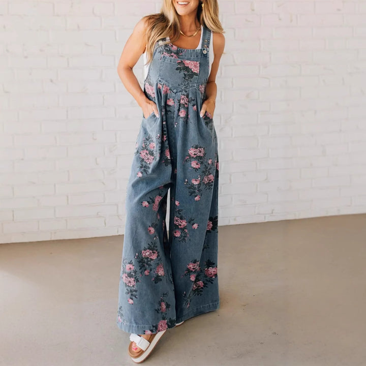 Damen Baumwoll-Overall mit floralem Druck und weiten Beinen Drune