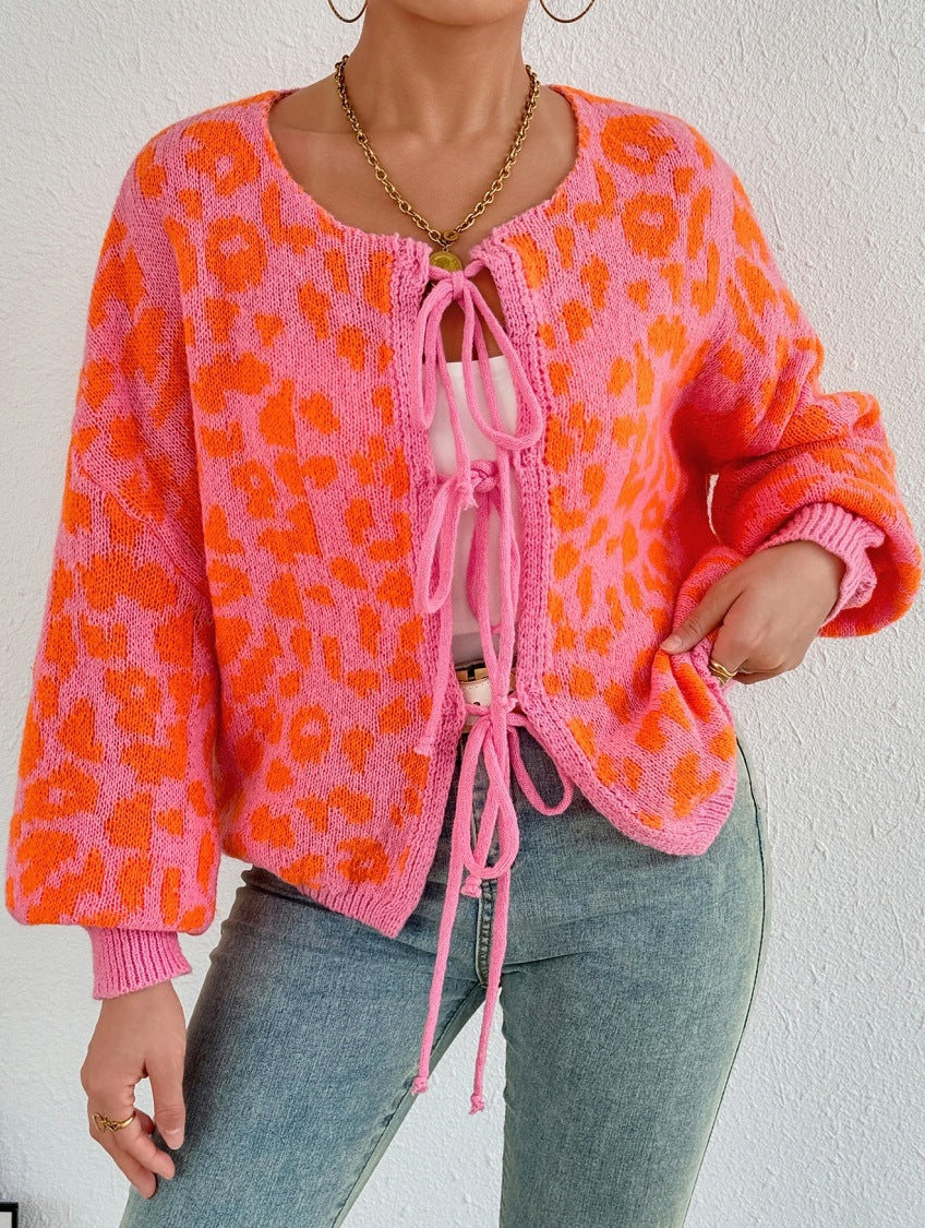 Damen Strickjacke mit einzigartigem Leopardenmuster und verstellbarem Kordelzug Drune