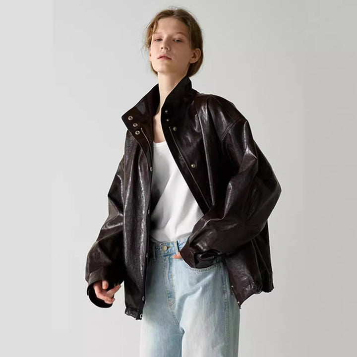 Damen modische Oversized-Lederjacke mit hohem Kragen und Druckknopfverschluss Drune