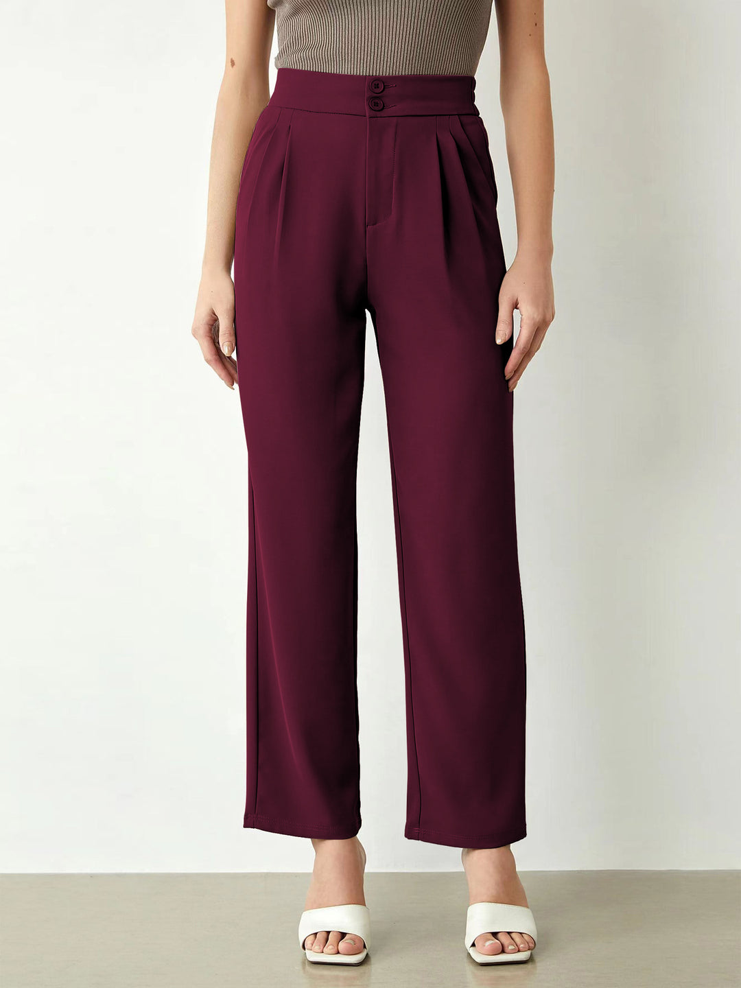 Damen elegante weite Stoffhose mit Bundfalten und hohem Taillenbündchen Drune