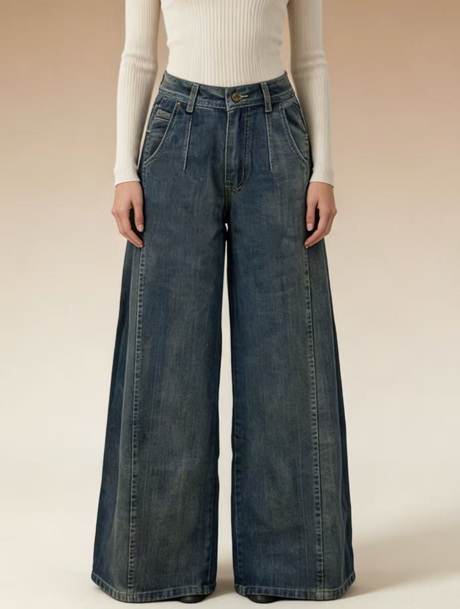 Damen weite Denim-Jeans mit hohem Bund und klassischem Schnitt Drune
