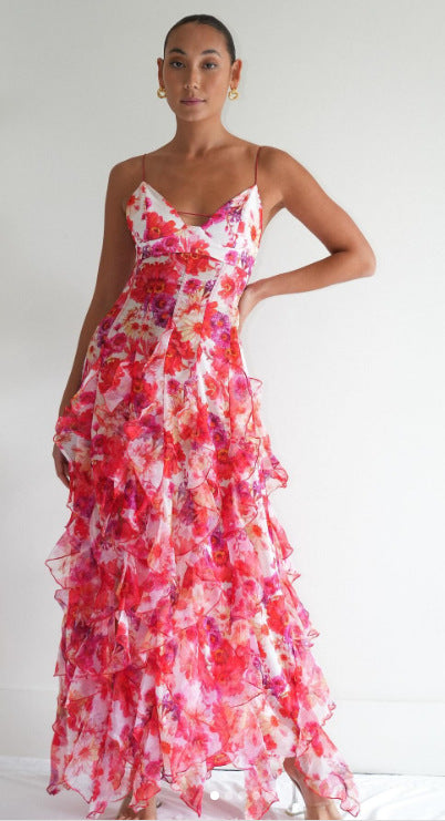Damen Langarmkleid mit floralem Design und Rüschendetails Drune