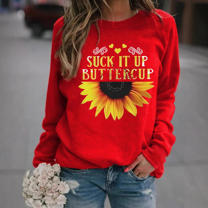 Damen Sweatshirt mit kreativem Sonnenblumenaufdruck und motivierendem Spruch Drune
