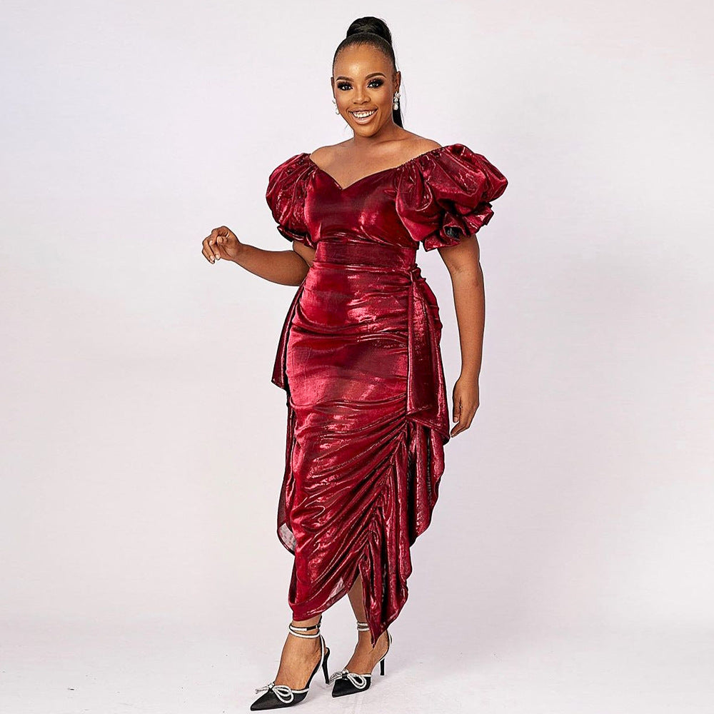 Damen elegantes Kleid mit voluminösen Ballonärmeln und asymmetrischem Saum Drune