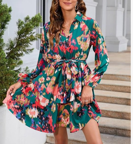 Damen Blusenkleid mit floralem Muster und Bindegürtel Drune