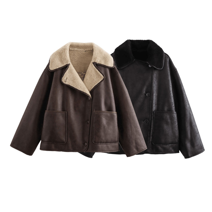 Damen Kunstlederjacke mit weichem Kragen und praktischen Taschen Drune