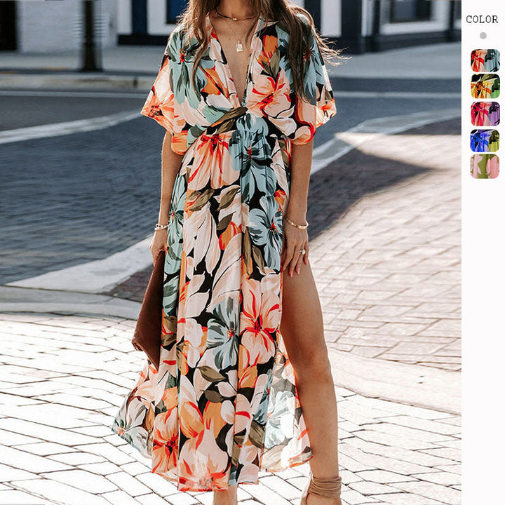 Damen Maxikleid mit floralem Wickeldesign und tiefem V-Ausschnitt Drune
